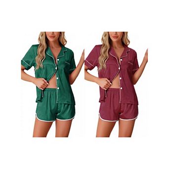 2 Sets Women's Satin Pajamas Silky Short Sleeve Button Up Shorts Lounge Sets