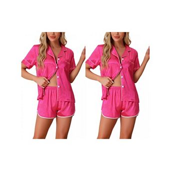2 Sets Women's Satin Pajamas Silky Short Sleeve Button Up Shorts Lounge Sets