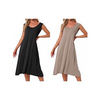 2 pc Women's Cotton Soft Long Nightgown Sleeveless Sleepwear Chemise Full Slip Lounge Dress