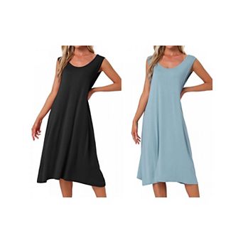 2 pc Women's Cotton Soft Long Nightgown Sleeveless Sleepwear Chemise Full Slip Lounge Dress