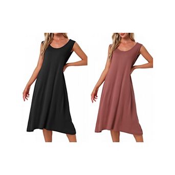 2 pc Women's Cotton Soft Long Nightgown Sleeveless Sleepwear Chemise Full Slip Lounge Dress