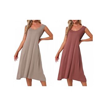 2 pc Women's Cotton Soft Long Nightgown Sleeveless Sleepwear Chemise Full Slip Lounge Dress