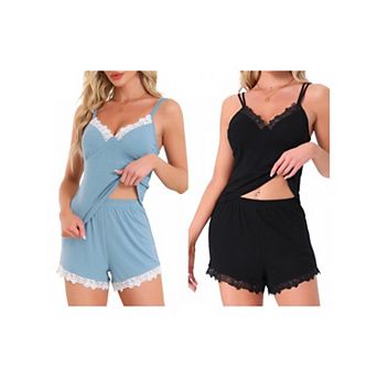 2 Sets Women's Sleeveless Tank Top Low Cut Ribbed Cami Lounge Lace Shorts Set Loungewear