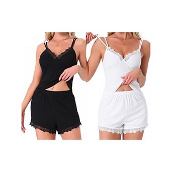 2 Sets Women's Sleeveless Tank Top Low Cut Ribbed Cami Lounge Lace Shorts Set Loungewear