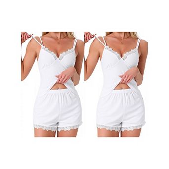 2 Sets Women's Sleeveless Tank Top Low Cut Ribbed Cami Lounge Lace Shorts Set Loungewear