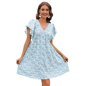 Women's Ruffle Babydoll Dress Short Sleeve V Neck High Waist Botton Flowy Swing Pleated Tunic Dress