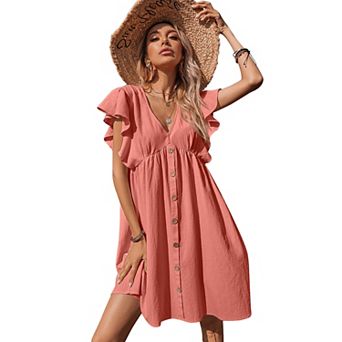 Women's Ruffle Babydoll Dress Short Sleeve V Neck High Waist Botton Flowy Swing Pleated Tunic Dress