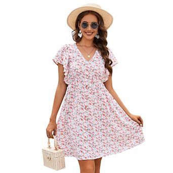 Women's Ruffle Babydoll Dress Short Sleeve V Neck High Waist Botton Flowy Swing Pleated Tunic Dress