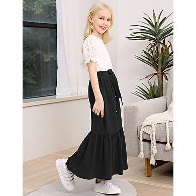 Girls Button Front High Waist with Belt and Pocket Ruffled Long Maxi Skirt