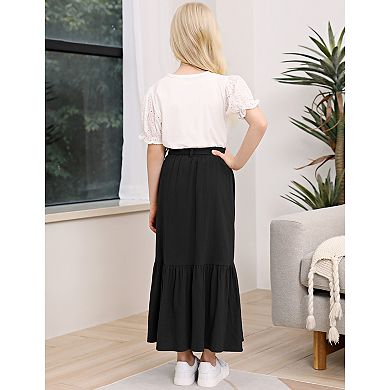 Girls Button Front High Waist with Belt and Pocket Ruffled Long Maxi Skirt