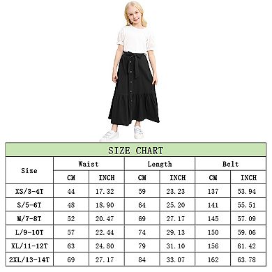 Girls Button Front High Waist with Belt and Pocket Ruffled Long Maxi Skirt