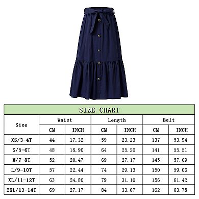 Girls Button Front High Waist with Belt and Pocket Ruffled Long Maxi Skirt