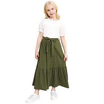 Girls Button Front High Waist with Belt and Pocket Ruffled Long Maxi Skirt