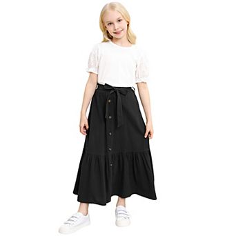 Girls Button Front High Waist with Belt and Pocket Ruffled Long Maxi Skirt