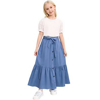 Girls Button Front High Waist with Belt and Pocket Ruffled Long Maxi Skirt