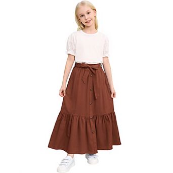 Girls Button Front High Waist with Belt and Pocket Ruffled Long Maxi Skirt