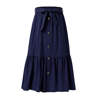 Girls Button Front High Waist with Belt and Pocket Ruffled Long Maxi Skirt