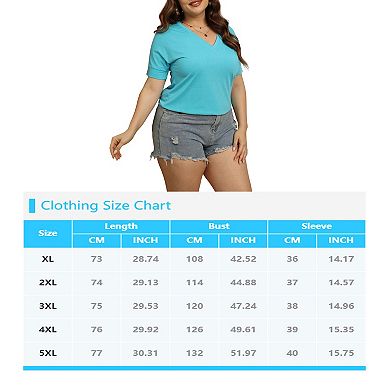 Women Plus Size Short Sleeve Blouse Solid Color V-Neck Top Stretch Breathable T-Shirt