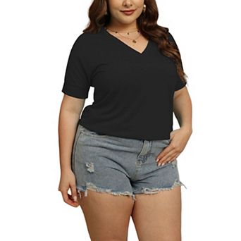 Women Plus Size Short Sleeve Blouse Solid Color V-Neck Top Stretch Breathable T-Shirt