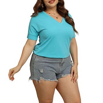 Women Plus Size Short Sleeve Blouse Solid Color V-Neck Top Stretch Breathable T-Shirt
