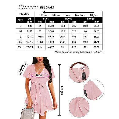 Womens Skater Dresses Deep V Neck Short Sleeve Tie Waist Ruffle Boho Flowy Swing Midi Dress