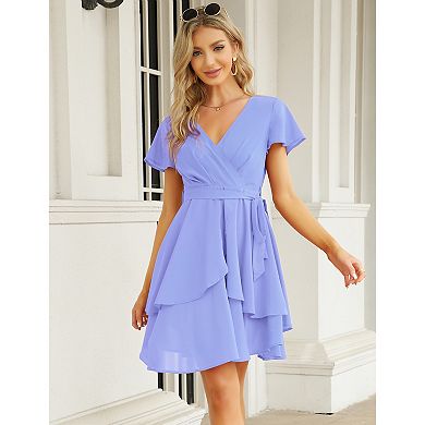 Womens Skater Dresses Deep V Neck Short Sleeve Tie Waist Ruffle Boho Flowy Swing Midi Dress