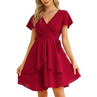 Womens Skater Dresses Deep V Neck Short Sleeve Tie Waist Ruffle Boho Flowy Swing Midi Dress