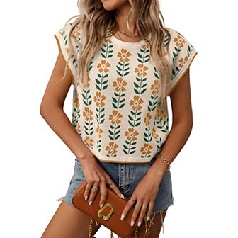 Womens Cap Sleeve Crop Tops Summer Color Block Going Out Crew Neck Knit Trendy Casual Sweater
