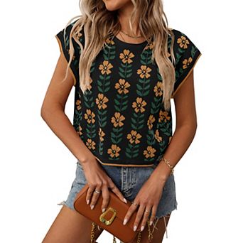Womens Cap Sleeve Crop Tops Summer Color Block Going Out Crew Neck Knit Trendy Casual Sweater