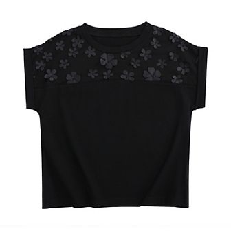Girls Short Sleeve T-Shirt Top Crew Neck Roll Up Cuffs Blouse with 3D Floral 3-12Y