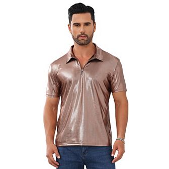 Mens Shirt 70s Zip Polo Shirts Short Sleeve Shiny Shirt Disco Outfits Party Costume Top