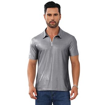 Mens Shirt 70s Zip Polo Shirts Short Sleeve Shiny Shirt Disco Outfits Party Costume Top