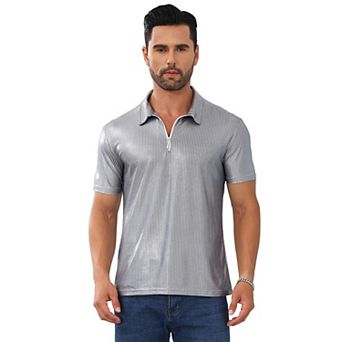 Mens Shirt 70s Zip Polo Shirts Short Sleeve Shiny Shirt Disco Outfits Party Costume Top