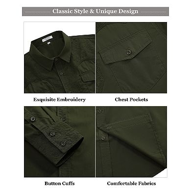 Men's Western Cowboy Shirt Long Sleeve Cotton Embroidered Button Down Work Shirt with Pockets