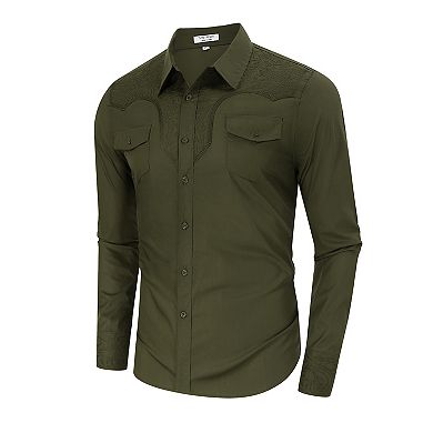 Men's Western Cowboy Shirt Long Sleeve Cotton Embroidered Button Down Work Shirt with Pockets