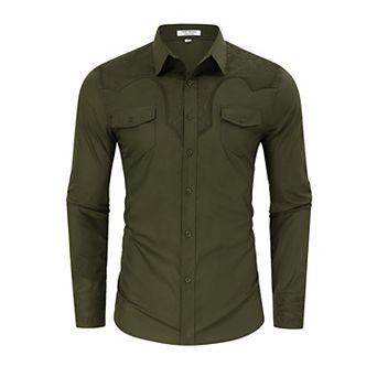 Men's Western Cowboy Shirt Long Sleeve Cotton Embroidered Button Down Work Shirt with Pockets