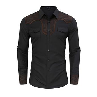 Men's Western Cowboy Shirt Long Sleeve Cotton Embroidered Button Down Work Shirt with Pockets