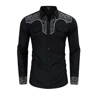 Men's Western Cowboy Shirt Long Sleeve Cotton Embroidered Button Down Work Shirt with Pockets