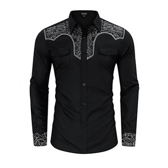 Men's Western Cowboy Shirt Long Sleeve Cotton Embroidered Button Down Work Shirt with Pockets