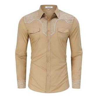Men's Western Cowboy Shirt Long Sleeve Cotton Embroidered Button Down Work Shirt with Pockets