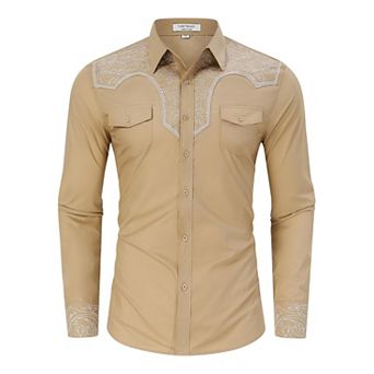 Men's Western Cowboy Shirt Long Sleeve Cotton Embroidered Button Down Work Shirt with Pockets