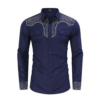 Men's Western Cowboy Shirt Long Sleeve Cotton Embroidered Button Down Work Shirt with Pockets