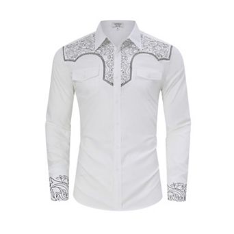 Men's Western Cowboy Shirt Long Sleeve Cotton Embroidered Button Down Work Shirt with Pockets