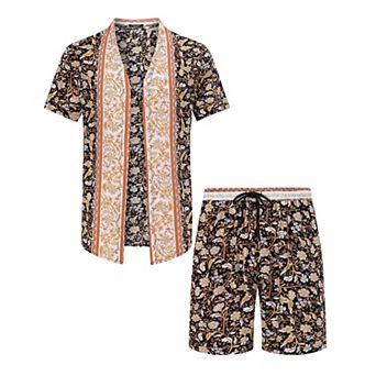 Men's Kimono Robe with Shorts 2 pc Floral Hawaiian Short Sleeve Cardigan and Beach Shorts Sets