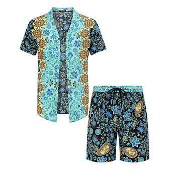Men's Kimono Robe with Shorts 2 pc Floral Hawaiian Short Sleeve Cardigan and Beach Shorts Sets