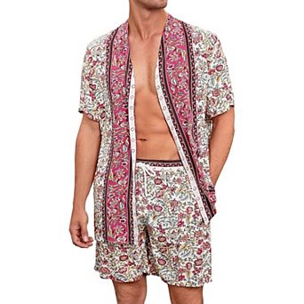Men's Kimono Robe with Shorts 2 pc Floral Hawaiian Short Sleeve Cardigan and Beach Shorts Sets