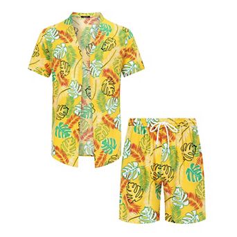Men's Kimono Robe with Shorts 2 pc Floral Hawaiian Short Sleeve Cardigan and Beach Shorts Sets