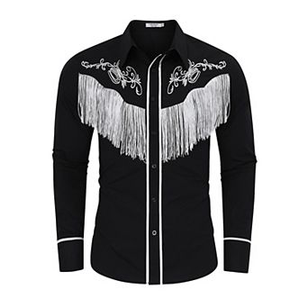 Men's Western Cowboy Fringe Shirts Long Sleeve Embroidered Slim Fit Casual Button Down Shirts