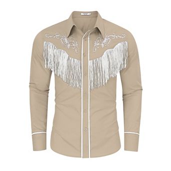 Men's Western Cowboy Fringe Shirts Long Sleeve Embroidered Slim Fit Casual Button Down Shirts