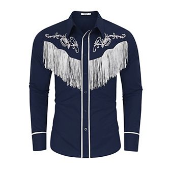 Men's Western Cowboy Fringe Shirts Long Sleeve Embroidered Slim Fit Casual Button Down Shirts